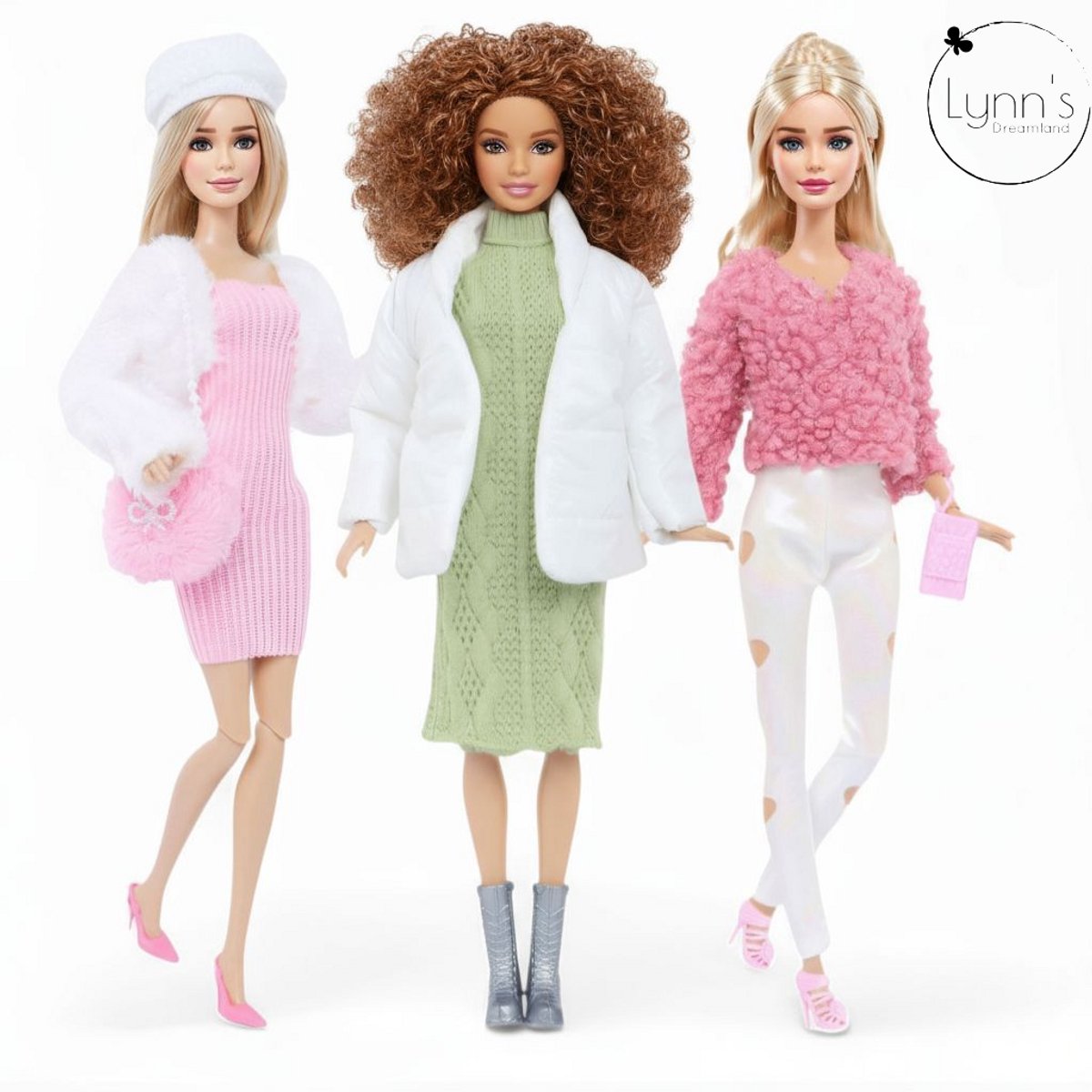 Lynn’s poppenkleertjes - Set ‘Lea’ - Geschikt voor modepop - Set van 3 winter outfits, 3 paar schoenen, 2 handtassen - Kledingset voor modepoppen - Cadeauzakje